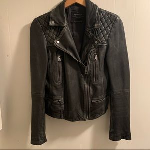 All Saints Cargo Biker Distressed Leather Jacket Black Size 8